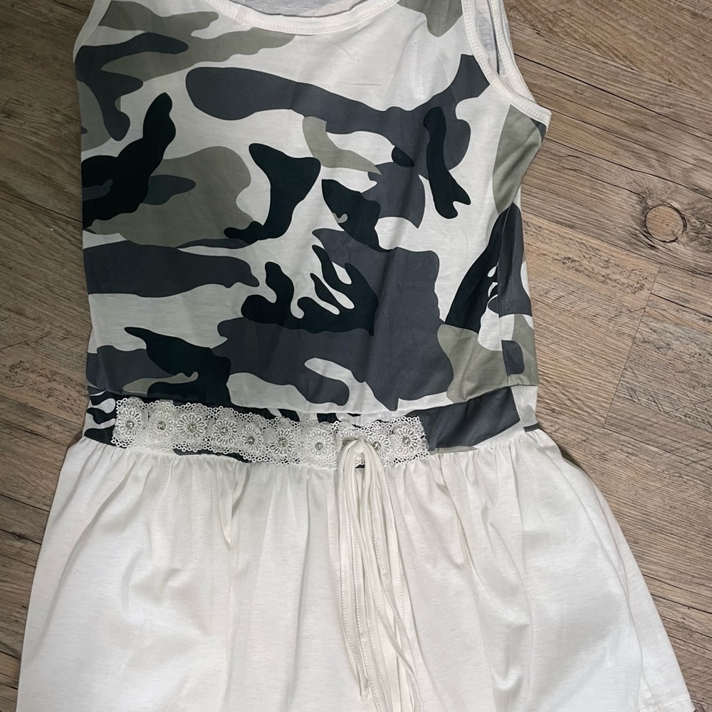 Camouflage and White Sleeveless Dress